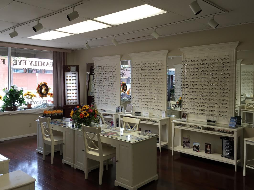 Modern interior of Family Eye Clinic showing our broad array of lenses lenses and frames